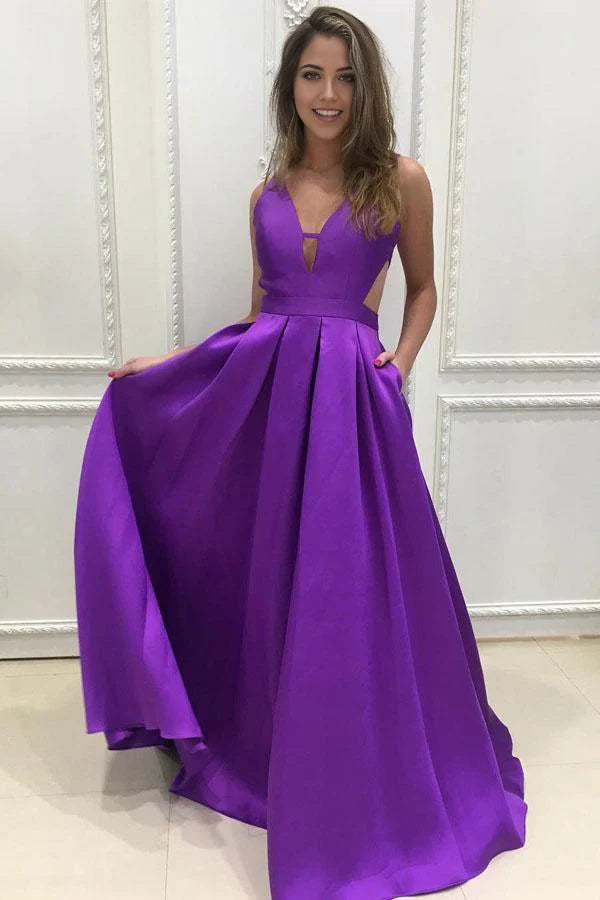 Vestido de dama de honor largo de satén sencillo con escote en V y corte A